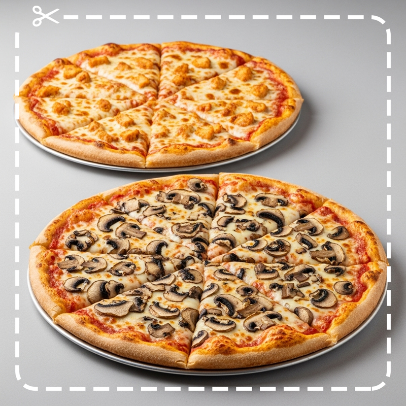 Two pizzas, one with cheese and the other with mushrooms, on a gray background.