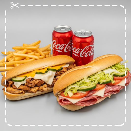 Two 8" Subs. 2 French Fries & 2 Cans of Soda (12 oz.)