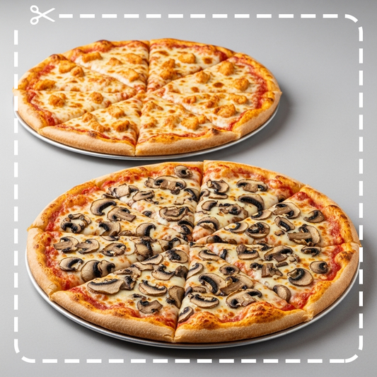 Two pizzas, one with cheese and the other with mushrooms, on a gray background.
