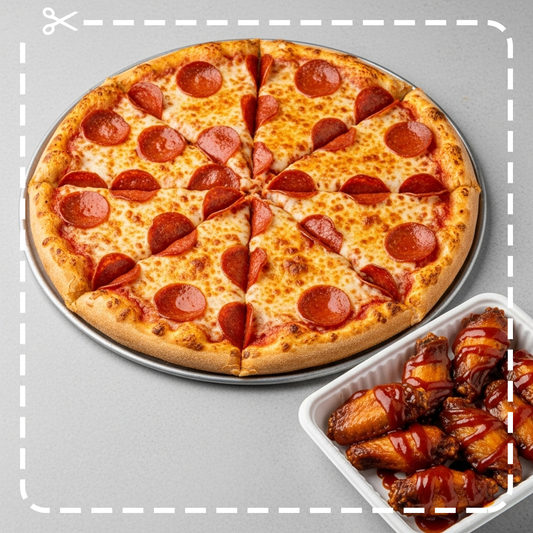 One Large 14" Pizza with 1 Topping & 12 Party Wings