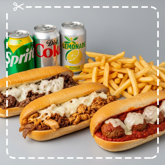 Three 8" Subs. 3 French Fries & 3 Cans of Soda (12 oz.)