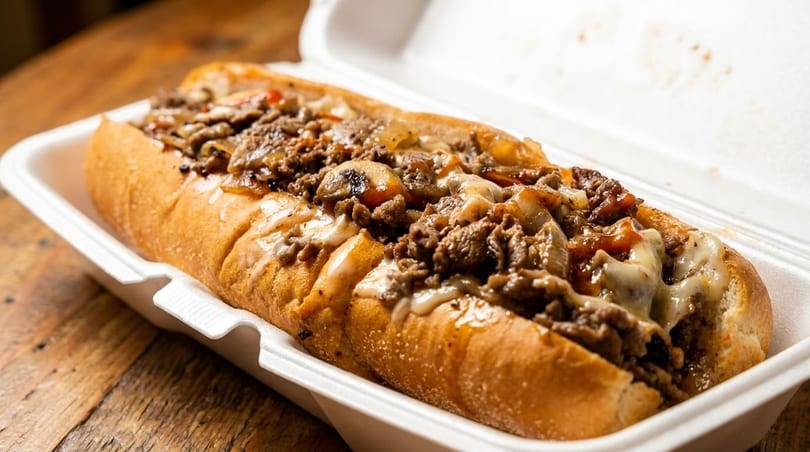 Cheesesteak sandwich with steak, onions, mushrooms, and melted cheese in a white takeout container.