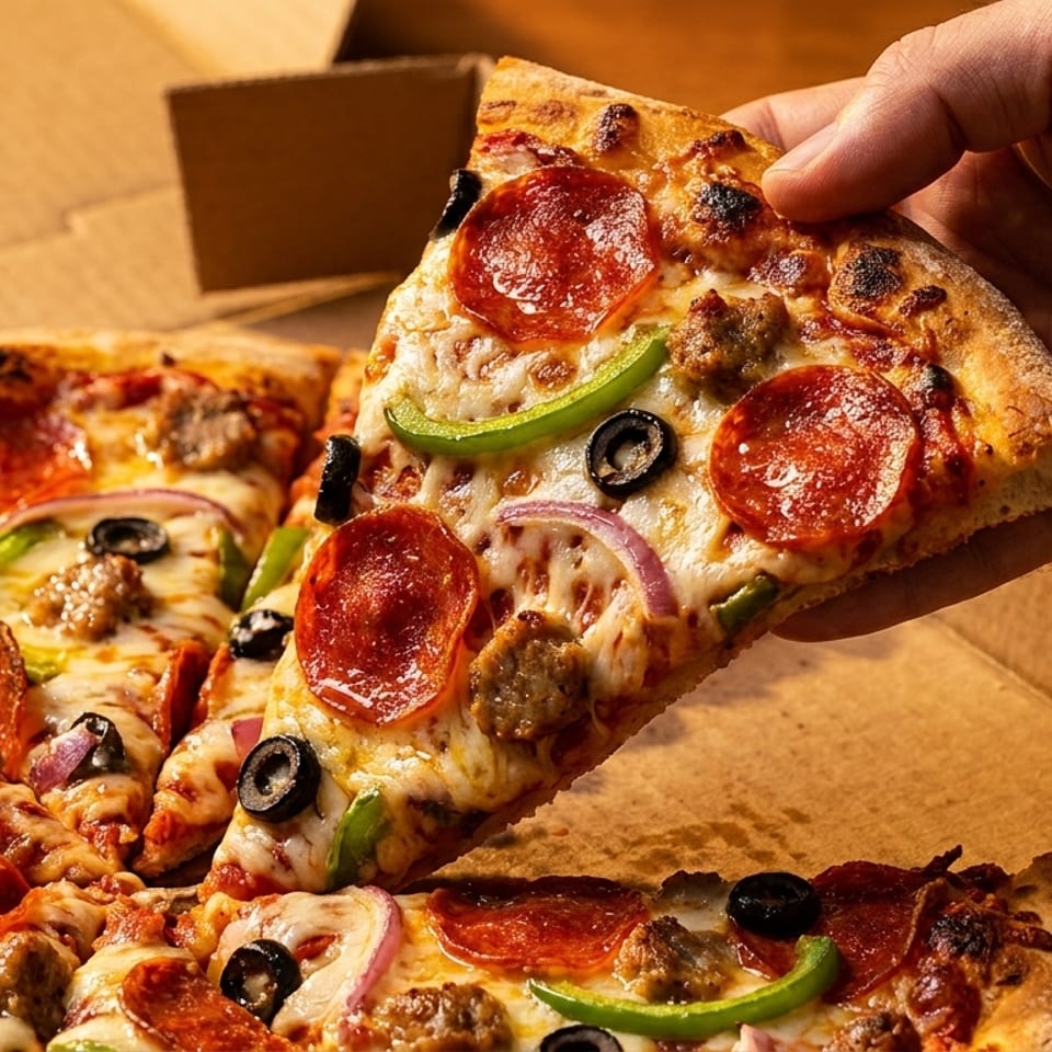 Hand lifting a slice of pepperoni, sausage, olive, onion, and bell pepper pizza from a box.