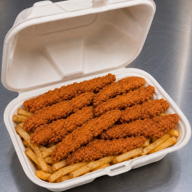Spicy Chicken Strips with Fries.